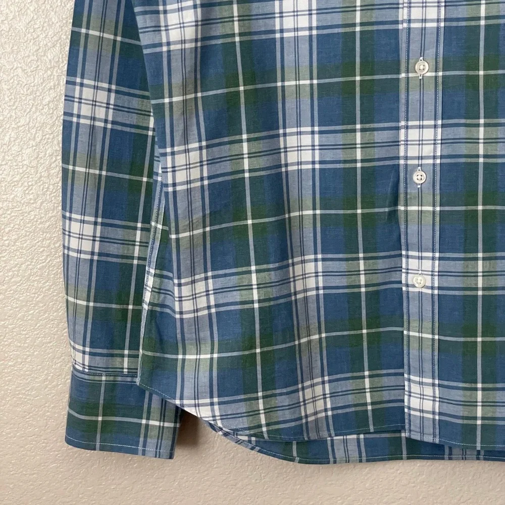 J. Crew Shirt Mens Medium Blue Green Slim Fit Secret‎ Wash Organic Cotton Plaid